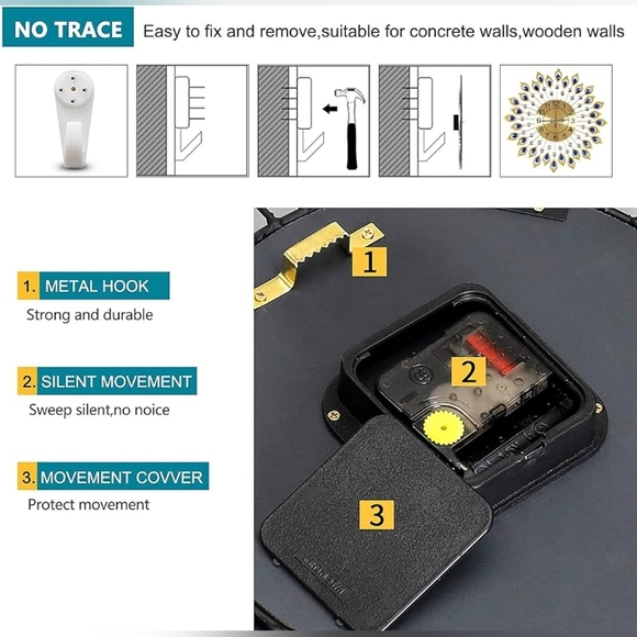 21.2 Inch Gold Large "Peacock" Wall Clocks - Picture 3 of 5